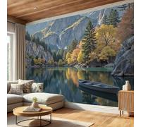 Carta da Parati Fotografica, Carta da Parati Murale con Stampa Laghi Barche Di Legno Autunno Foreste Montagne 3D, 300Lx210A cm Colore misto Fotomurali Bagno Wallpaper Camera Decorazione Murali