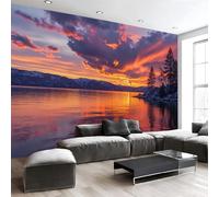 Carta da Parati Fotografica, Carta da Parati Murale con Stampa Superficie Del Lago Tramonto Sognante Nuvole 3D, 150Lx105A cm Rosso-Arancione Fotomurali Bagno Wallpaper Camera Decorazione Murali
