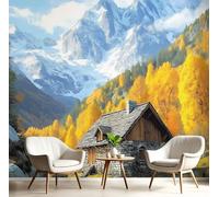 Carta Da Parati Fotografica Casa Pietra Nella Foresta, Paesaggio Snow Peak Design Carta per Pareti Soggiorno Camera Da Letto Sala Fotomurali, Giallo Blu Tessuto di Seta Murale, 450Lx315A cm