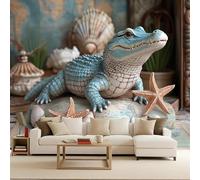 Carta da Parati Fotografica Coccodrillo Mappa Retrò Piastrella Effetto 3D Murales Moderna Non Tessuto Opaco Fotomurale Per Camera da Letto Soggiorno Ufficio Decorazione Poster Domestica 250x175 cm