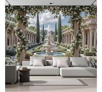 Carta Da Parati Fotografica Colonnato Fontana E Scena Floreale,300L×210Acm Effetti 3D Murale Elegante Giardino Francese Poster Decor Da Parete Per Soggiorno Muro Di Sfondo,Beige