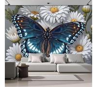Carta da parati fotografica con fiori realistici in tessuto di seta, rivestimento murale per camera da letto, ufficio, corridoio, farfalle blu scuro e margherite, 150 cm x 105 cm