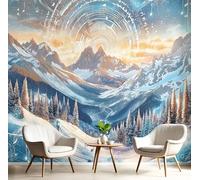 Carta da Parati Fotografica con Onde Sonore Montagne Innevate, Murale Disegno Paesaggio Arte per Soggiorno Camera da Letto Ristorante Studio, Grandi Dimensioni, 300Lx210A cm Blu Murales