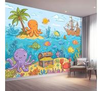 Carta da Parati Fotografica Decorazione Artistica - Cartone Animato Isola Del Mondo Sottomarino Fotomurale per Soggiorno Camera da Letto, Blu Poster con Carta da Parati di Grande Formato, 200 x 140 cm