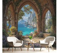 Carta Da Parati Fotografica Design Del Corridoio Ad Arco,450L × 315A cm Effetti 3D Murale Vista Realistica Sul Mare Poster Decor Da Parete Per Soggiorno Muro Di Sfondo,Marrone