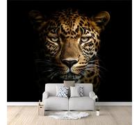Carta da Parati Fotografica Design Faccia di leopardo animale nel buio - Design Carta per Pareti Camera - Sfondo Nero Fotomurali in Tessuto Non Tessuto - Colla Non Inclusa 300 x 210 cm