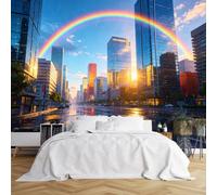 Carta da parati fotografica di dimensioni personalizzate con scena moderna della città con arcobaleno dopo la pioggia murale realistica grande carta da parati fotografica autoadesiva rimovibile per la