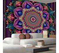 Carta da parati fotografica effetto 3D, decorazione murale in tessuto di seta con mandala geometrico - Decorazione da parete panoramica retrò, viola-verde, 150 cm x 105 cm