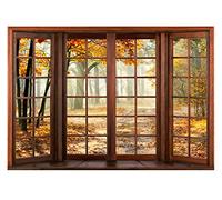 Carta Da Parati Fotografica Finestra 3D Effetto Foresta Autunno Bosco - Include Colla - Moderna Design Carta per Pareti Soggiorno Camera Da Letto Fotomurali In Tessuto Non Tessuto TNT (312x219 cm)