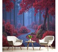Carta da parati fotografica Foresta Blu E Nebbiosa 430×300cm Non Tessuto Murale XXL Foglie Rosse Cadute Strada Decorazione Soggiorno, Rosso Poster Decor Camera De Letto Sala Ufficio