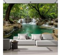 Carta da Parati Fotografica Foreste Rocce Cascate 400Lx280A cm, Tessuto di Seta Effetti 3D Murale Tranquillità Natura Poster Decor da Parete Per Soggiorno Ufficio Muro di Sfondo