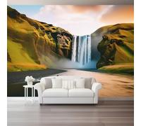 Carta da Parati Fotografica Fotografia Naturalelistica Cascate Islanda 300 x 210 cm, Murale Muro Poster Gigante Design Decorazione per Soggiorno Camera De Letto Sala Ufficio, Verde Beige