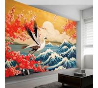 Carta da parati Fotografica Giapponese, Onde Gru Fiori Di Ciliegio Motivo Panoramico Murale - 300 x 210 cm Effetto 3D Carta da parati decorazione interna per Soggiorno Camera Ristorante