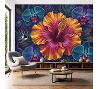 Carta Da Parati Fotografica Ibisco Orchidea Blu 300L×210A Cm, Tessuto Di Seta Effetti 3D Murale Fiori Lusso Poster Decor Da Parete Per Soggiorno Muro Di Sfondo