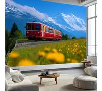 Carta da parati fotografica in tessuto non tessuto di alta qualità con campo di fiori e treni, 250 x 175 cm, multicolore, per camera da letto, sala da pranzo, cucina, soggiorno, poster decorativo