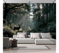 Carta Da Parati Fotografica Luce Sole Splende Attraverso Chioma Degli Alberi Sull'Alce,300L×210Acm Effetti 3D Murale Paesaggio Forestale Poster Decor Da Parete Per Soggiorno Muro Di Sfondo,Verde Scuro