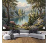 Carta Da Parati Fotografica Montagne Elementi Della Foresta,200L × 140A cm Effetti 3D Murale Paesaggio Tranquillo Del Lago Poster Decor Da Parete Per Soggiorno Muro Di Sfondo,Blu-Verde