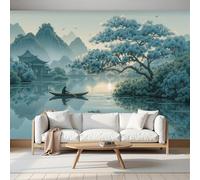 Carta Da Parati Fotografica Motivi Montagne Alberi Pescatori,Pittura Inchiostro Cinese Murales Fotografici,Carta Da Parati Per Soggiorno 450L×315Acm,Blu-Verde Decorazione Da Parete Per Camera Da Letto