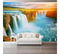 Carta Da Parati Fotografica Naturale Sole Islanda Cascata Montagne Poster Giganti Da Parete, Marrone Blu Fotomurale Carta Parati Murale Per Soggiorno Camera De Letto, 300 x 210 cm