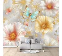 Carta da parati fotografica non tessuta Albicocca, Moderno Bello Fiori Farfalle murales per camera da letto soggiorno TV corridoio salotto - 250 x 175 cm