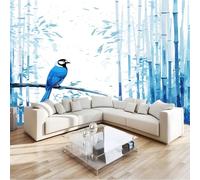 Carta da parati fotografica non tessuta Crema Blu, Stile Inchiostro Minimalista Piante Uccelli murales per camera da letto soggiorno TV corridoio salotto - 250 x 175 cm