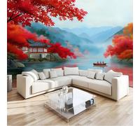 Carta da parati fotografica non tessuta Rosso, Stile Cinese Foglie Fiume murales per camera da letto soggiorno TV corridoio salotto - 400 x 280 cm