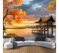 Carta Da Parati Fotografica Paesaggio Casa In Legno E Acero,150L × 105A cm Effetti 3D Murale Stile Realistico Al Tramonto Poster Decor Da Parete Per Soggiorno Muro Di Sfondo,Arancia