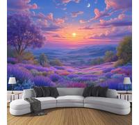 Carta Da Parati Fotografica Paesaggio Di Campi Di Lavanda,200L × 140A cm Effetti 3D Murale Tramonto Romantico Da Sogno Poster Decor Da Parete Per Soggiorno Muro Di Sfondo,Viola