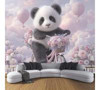 Carta Da Parati Fotografica Panda In Bicicletta Su Una Mongolfiera, Animale Dei Cartoni Animati Poster Giganti Da Parete, Rosa Chiaro Fotomurale Carta Parati per Decorazione Da Muro per 300x210cm