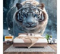 Carta da Parati Fotografica Personalizzata 300x210 cm, Tigre Bianca Invernale 3d Panoramica Fotomurale Impermeabile e Antimuffa, Animale HD Murale TNT per Camera, Ufficio, Parete TV