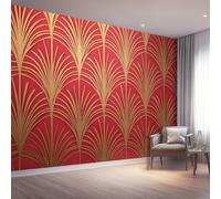 Carta Da Parati Fotografica Retrò Geometrico Linee A Ventaglio, 400 x 280 cm Tessuti Non Tessuti Murale Poster Gigante Design Per Soggiorno Camera Da Letto Ufficio Camera Dei Bambini, Oro Rosso