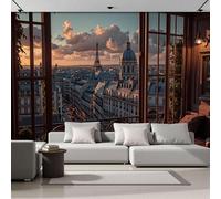 Carta da Parati Fotografica Skyline Di Parigi 200Lx140A cm, Tessuto di Seta Effetti 3D Murale Vista Dalla Finestra Poster Decor da Parete Per Soggiorno Ufficio Muro di Sfondo