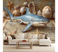 Carta da Parati Fotografica Squalo Mappa Retrò Piastrella Effetto 3D Murales Moderna Non Tessuto Opaco Fotomurale Per Camera da Letto Soggiorno Ufficio Decorazione Poster Domestica 150x105 cm