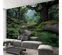 Carta Da Parati Fotografica Strada Lastricata Pietra 3D Effetto Foresta Pluviale Tropicale Design Carta Tessuto Non Tessuto TNT Verde XXL Fotomurale per Soggiorno Camera Letto Decorazione,350×256cm