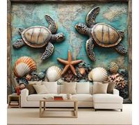 Carta da Parati Fotografica Tartaruga Mappa Retrò Piastrella Effetto 3D Murales Moderna Non Tessuto Opaco Fotomurale Per Camera da Letto Soggiorno Ufficio Decorazione Poster Domestica 250x175 cm