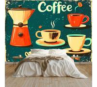 Carta da parati Fotomurali Manifesto Del Caffè D'Epoca, Moderne Murale Vello Decorazione Murale Verde Scuro 400 x 280 cm per Decorazione Soggiorno Camera De Letto Sala Ufficio