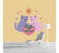 Carta Da Parati Gatto Che Scarta I Regali, Soggiorno Muralo Simpatico Animale Dei Cartoni Animati, Arte Murale Moderna Giallo Chiaro per Camera Dei Bambini 400x280cm