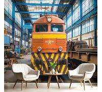 Carta Da Parati Giallo-Arancio Treni Russi Effetto 3D 350X260Cm Fotomurale Cucina Murales Xxl Poster Gigante Design Casa Edifici Industriali Per Soggiorno Camera Da Letto Corridoio Sala Da Pranzo