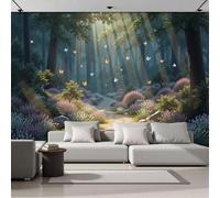 Carta da Parati Giallo Blu 300x210cm, Scena Onirica Farfalla Del Sole Della Foresta Decorazioni Parete, Seta Murale per Camera Letto, Soggiorno, Ufficio, TV Sfondo