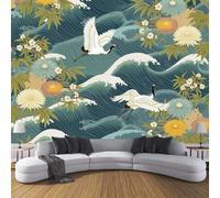 Carta da parati Giapponese Gru 250×170cm Fotomurali in TNT Murale alla Onde Marine Astratte Fiori Decorazione da Muro XL Poster Gigante Design Carta pareti Soggiorno Blu-Verde