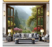 Carta da parati Giardino e foresta 3D fuori dalla finestra Fotomurali in TNT Murale alla Moda Decorazione da Muro Panoramico Poster Design Carta per pareti 300 x 210 cm Fotomurale Ornamento