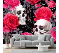 Carta Da Parati Gotico Oscuro Panoramica 3D Non Tessuto - Polvere Nera Teschio Di Rosa Marmo Fotomurale Per Soggiorno, Camera Da Letto, Ufficio, Poster Gigante Design Moderno 250 X 175 Cm