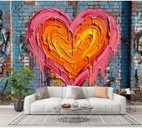 Carta Da Parati Graffiti Cuore Arancione 3D Per Soggiorno Camera Da Letto | Murales Blu-Grigio Con Arte Urbana Inchiostro Spruzzo Panorama Murale 250X175Cm, Grande Murale Fotografico Per Decorazione