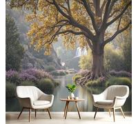 Carta Da Parati Grande Quercia In Riva Al Fiume, Carta Da Parati Fotografica Fotografia Naturale Del Paesaggio, Tessuto Di Seta Decorazione Murale Parete, 350×256Cm Adatto Per Soggiorno, Ufficio