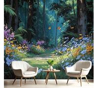 Carta da Parati in Non Tessuto 400×280cm Sentiero Vuoto Foresta Murale Fiori Rigogliosi Piante XXL Fotografica Wallpaper Per Soggiorno Camera Letto Sala Ufficio Decorazione Verde