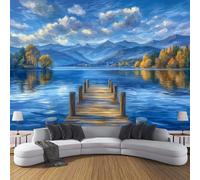 Carta da Parati in Seta Molo Di Legno Sul Lago Carta da Parete Montagne Avvolte Dalle Nuvole Fotomurali Decorazione da Muro per Soggiorno Camera Ristorante Camera dei Bambini, 350x250cm, Indaco