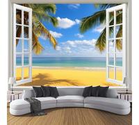 Carta Da Parati in Seta Vista Mare Salotto Camera Corridoio Murali Palme Da Spiaggia Fuori Dalla Finestra Decorazione Da Muro 350×256cm Blu Giallo Grande Carta Da Parati Resistente Ai Raggi Uv