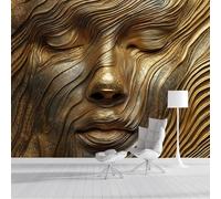 Carta da Parati in Seta Volto Di Donna 3D Carta da Parete Scultura Dorata Astratta Fotomurali Decorazione da Muro per Soggiorno Camera Ristorante Camera dei Bambini, 150x105cm, Giallo Dorato