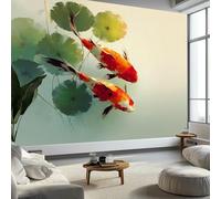 Carta da parati in stile anime con laghetto e loto koi, 250 x 175 cm, verde chiaro, murales per camera da letto, soggiorno, cameretta dei bambini, decorazione Art Deco