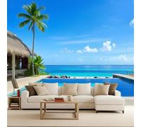 Carta da Parati in Tessuto Non Tessuto 100x70 cm 3D Spiaggia Casa Fiori Oceano Paesaggio Murale Moderna Fotografica Wallpaper Opaco Impermeabile Per Soggiorno Camera Letto Sala Ufficio Decorazione